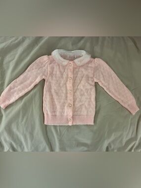Vintage Peter Pan Embroidered Collar Pink Knit Cardigan Pearl Buttons 6-12 Month